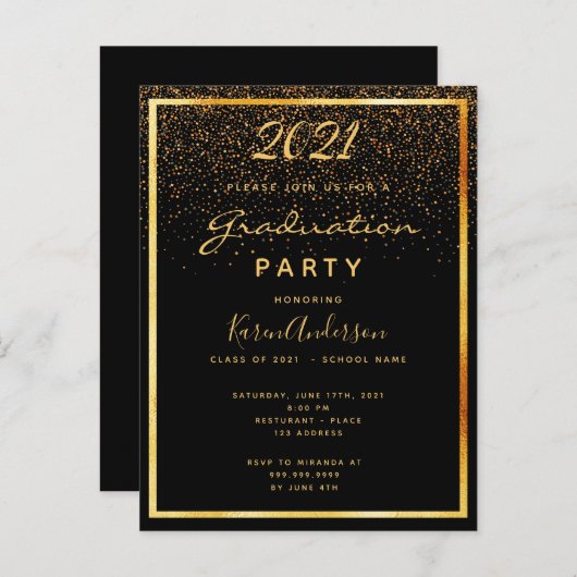 卒業パーティーの黒い金ゴールド招待 ポストカード (正面/裏面)