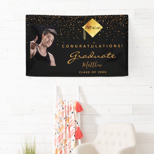 卒業パーティーの黒い金ゴールド紙吹雪写真 横断幕 (インサイチュ)