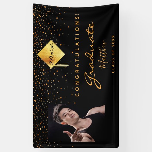 卒業パーティーの黒い金ゴールド紙吹雪写真 横断幕 (縦)
