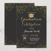 卒業パーティーの黒および金ゴールドのグリッターの招待状 招待状 (正面/裏面)