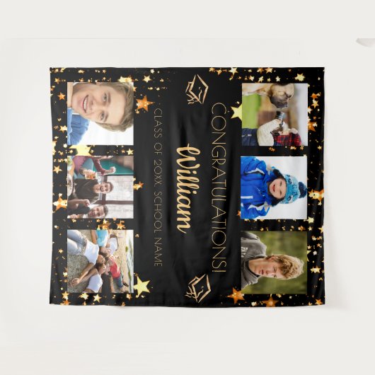 卒業パーティーの黒と金の卒業写真コラージュ タペストリー (正面(横))