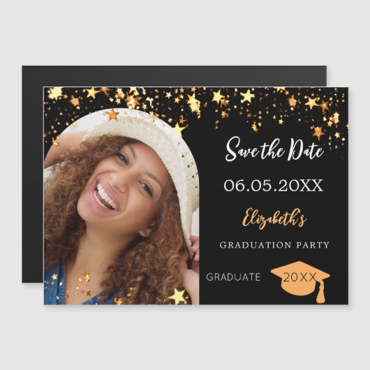 卒業パーティーの黒写真Dateカードを保存 マグネット招待状 (正面/裏面)
