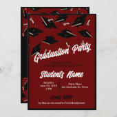 卒業パーティーの黒帽子を空中に浮かべるマルーン 招待状 (正面/裏面)