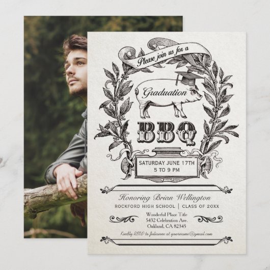 卒業パーティーのBBQ招待状 - サプレム ビンテージ 招待状 (正面/裏面)