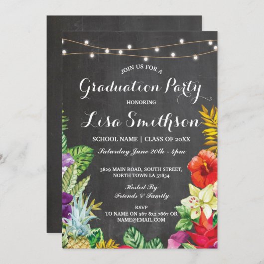 卒業パーティーアロハトロピカルルアウ（ハワイ式宴会）ライト招待状 招待状 (正面/裏面)