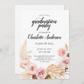 卒業パーティーウォーターカラー赤面ピンクフローラ 招待状 (正面/裏面)