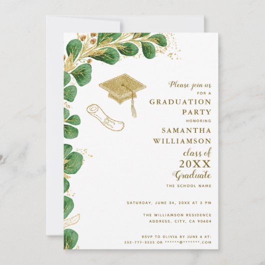 卒業パーティーエレガントフェイク金ゴールドフローラ 招待状 (正面)