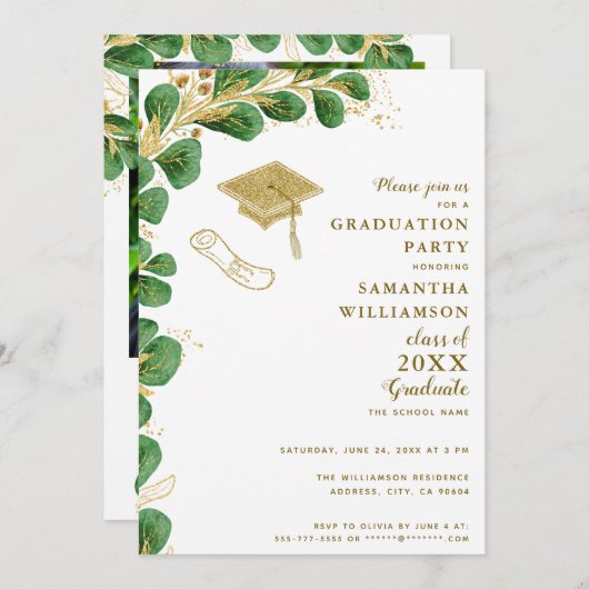 卒業パーティーエレガントフェイク金ゴールドフローラ 招待状 (正面/裏面)