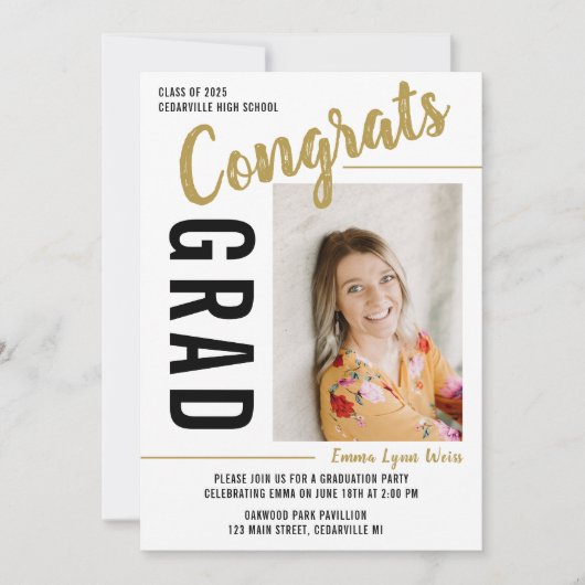 卒業パーティーオープンハウス2025写真金ゴールド 招待状 (正面)