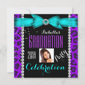 卒業パーティーグラードパープルティール(緑がかった色)ブルーレオパード 招待状 (正面)