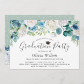 卒業パーティーサージグリーンブルーホワイトフローラ 招待状 (正面/裏面)