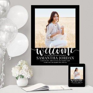 卒業パーティースクリプトへようこそモダンフォトブラック ポスター