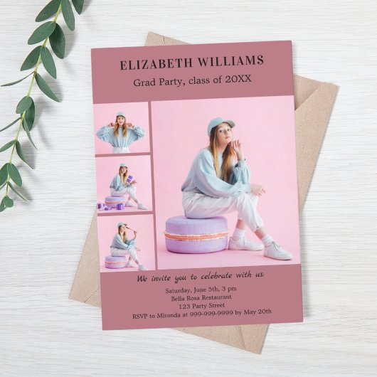 卒業パーティーバラ金ゴールド写真コラージュ 招待状