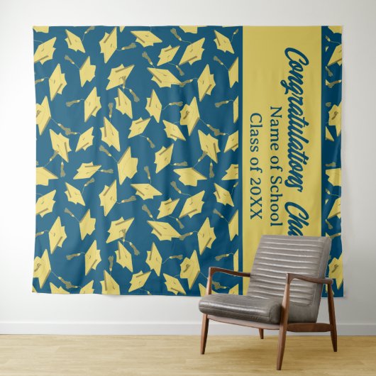 卒業パーティーパーソナライズされたフォトオプブルー&金ゴールド タペストリー (インサイチュ(横))