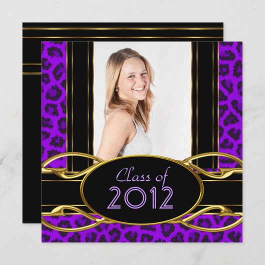 卒業パーティーパープルヒョウ金ゴールドガール 招待状 (正面/裏面)