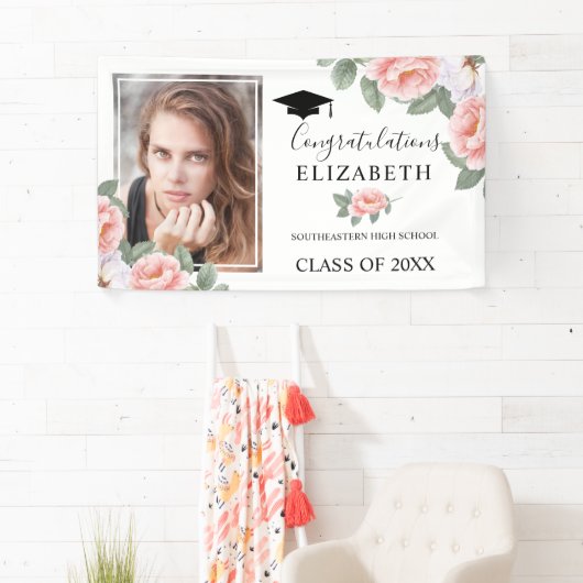 卒業パーティーピンクの水彩フローラ写真 横断幕 (インサイチュ)