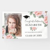 卒業パーティーピンクの水彩フローラ写真 横断幕 (横)