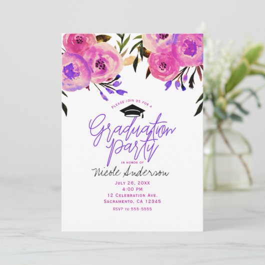 卒業パーティーピンクパープルブライトモダンフローラ 招待状 (スタンド正面)