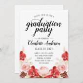 卒業パーティーピンクレッドウォーター色フローラ 招待状 (正面/裏面)