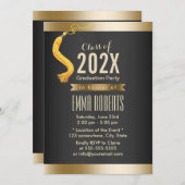 卒業パーティーフォーマルブラック&金ゴールド 招待状 (正面/裏面)
