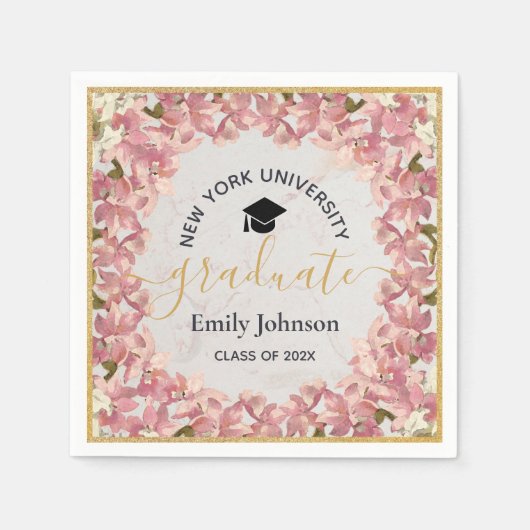 卒業パーティーフローラガーリーピンクラン金ゴールド スタンダードカクテルナプキン (正面)