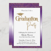 卒業パーティーブライトパープルグラデーション金ゴールド紙吹雪 招待状 (正面/裏面)