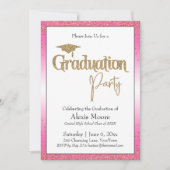 卒業パーティーブライトピンクグラデーション金ゴールド紙吹雪 招待状 (正面)