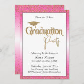 卒業パーティーブライトピンクグラデーション金ゴールド紙吹雪 招待状 (正面/裏面)