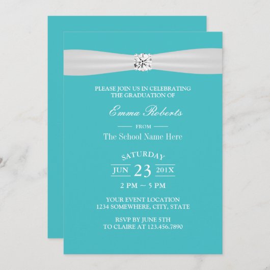 卒業パーティーブライトモダンダイヤモンドターコイズ 招待状 (正面/裏面)