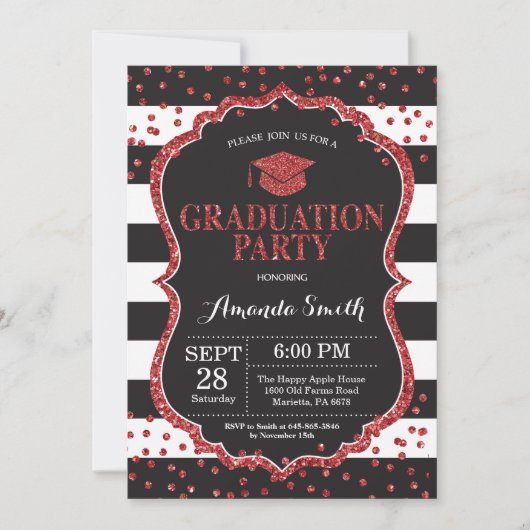卒業パーティーブラックアンドレッドグリッター招待状 招待状 (正面)