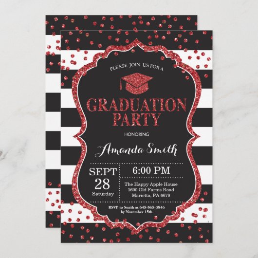 卒業パーティーブラックアンドレッドグリッター招待状 招待状 (正面/裏面)