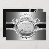 卒業パーティーブラックエレガントシルバーメタル 招待状 (正面/裏面)