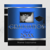 卒業パーティーブラックシルバーブルーフォトボーイオス 招待状 (正面/裏面)