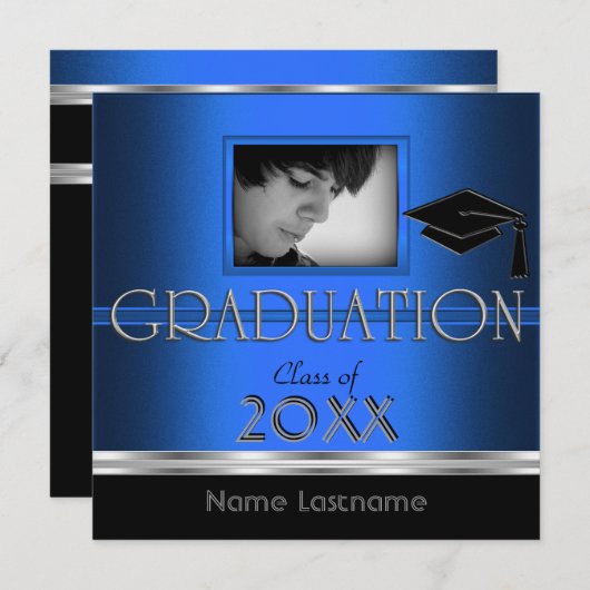 卒業パーティーブラックシルバーブルーフォトボーイオス 招待状 (正面/裏面)