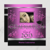 卒業パーティーブラックピンクの女の子の写真 招待状 (正面/裏面)