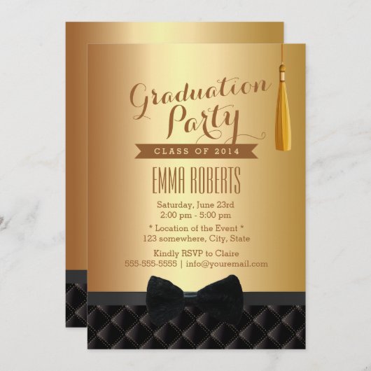 卒業パーティーブラックボウタイゴールドモダンフォイル 招待状 (正面/裏面)
