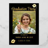 卒業パーティーブラック&ピンクリッスティックキス 箔招待状 (正面)