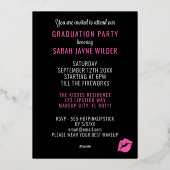 卒業パーティーブラック&ピンクリッスティックキス 箔招待状 (裏面)