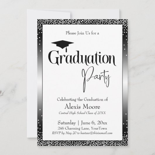 卒業パーティーブラック&ホワイトグラデーション紙吹雪 招待状 (正面)