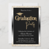 卒業パーティーブラック&ホワイトグラデーション金ゴールド紙吹雪 招待状 (正面)