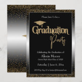 卒業パーティーブラック&ホワイトグラデーション金ゴールド紙吹雪 招待状 (正面/裏面)