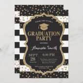 卒業パーティーブラック&金ゴールドグリッター招待状 招待状 (正面/裏面)