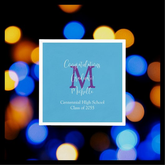 卒業パーティーブルーパープルホワイトネームモノグラム スタンダードカクテルナプキン