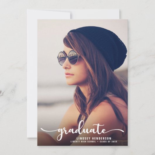 卒業パーティーホワイトスクリプトフォトでドライブ 招待状 (正面)