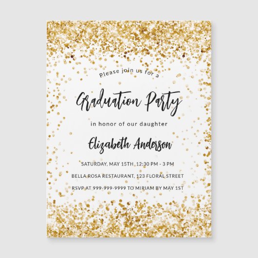 卒業パーティーホワイト金ゴールドグリッターラグジュアリー マグネット招待状 (正面)