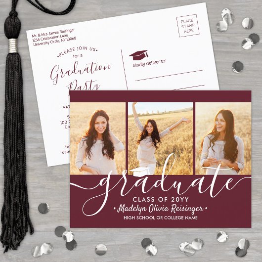 卒業パーティーモダンマルーンと白3枚の写真 インビテーションポストカード