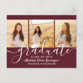 卒業パーティーモダンマルーンと白3枚の写真 インビテーションポストカード (正面)