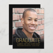 卒業パーティー写真アナウンスメント金ゴールド&ブラック 招待状 (正面/裏面)