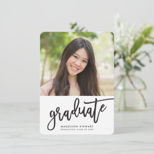 卒業パーティー写真シンプル書ブラック サンキューカード (スタンド正面)