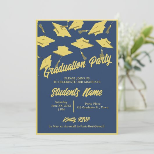 卒業パーティー写真ブルーと金ゴールドのMortarboards 招待状 (スタンド正面)